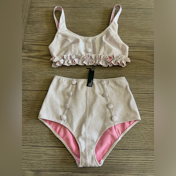 Lisa Marie Fernandez Colby High-Waist Bkini Silver & Pink Metallic Jacquard Sz 1 - Picture 14 of 16